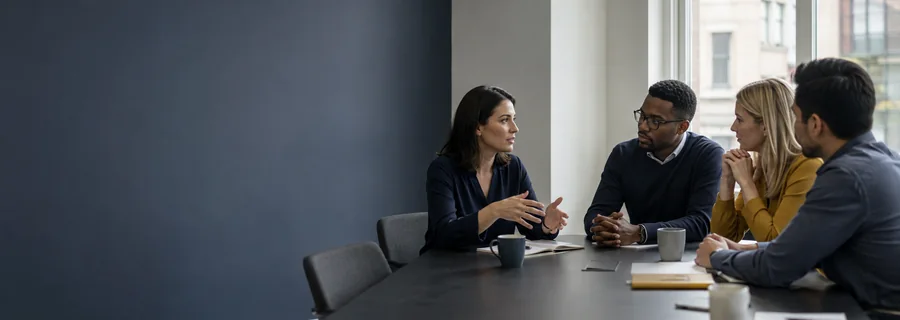 A colleague considering information in a workplace setting