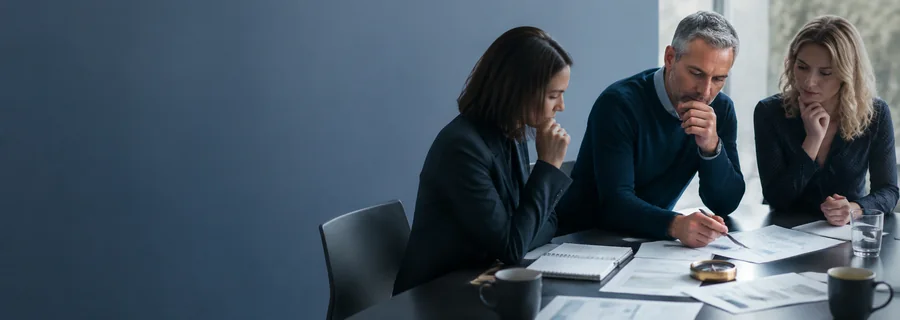 Two colleagues in discussion across a meeting table