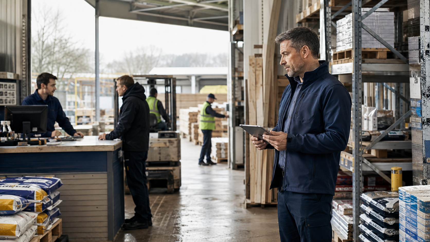 Trade merchant leader reviewing stock records on a tablet beside warehouse racking.