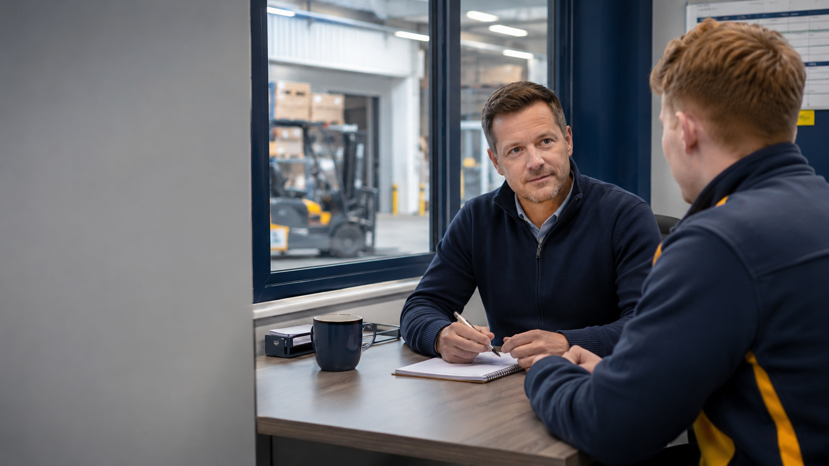 Trade merchant branch manager holding a calm one-to-one conversation with a member of branch staff in a branch office