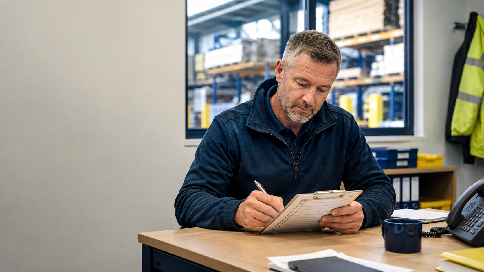 Trade merchant branch manager completing a written check on a clipboard in a branch office