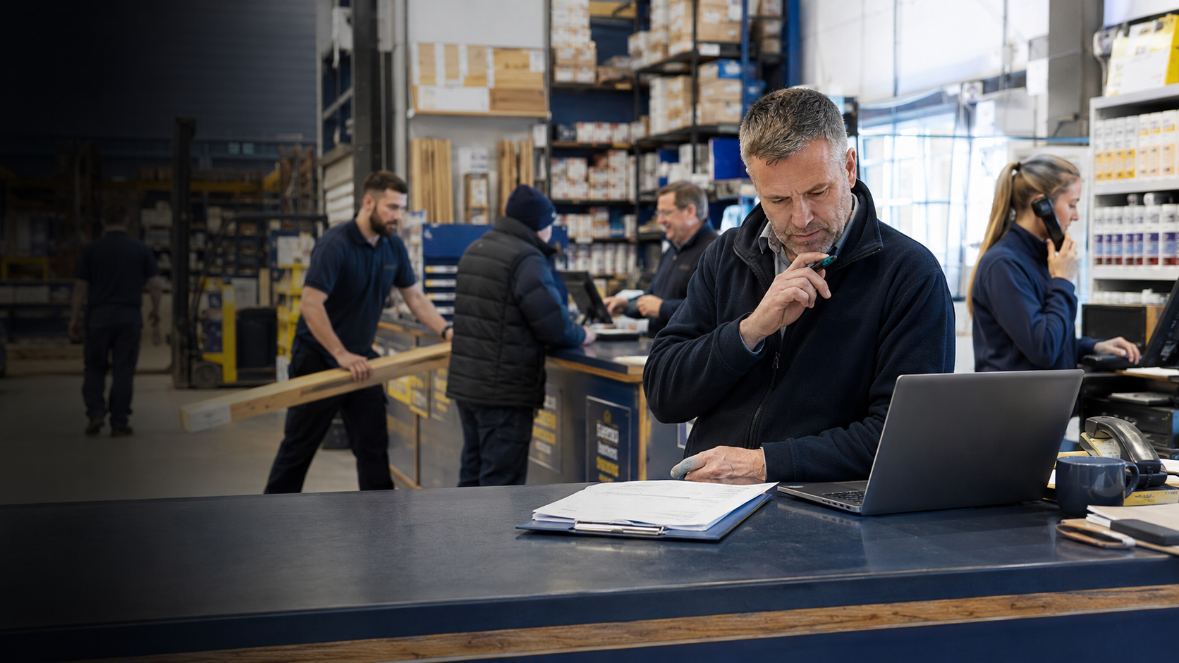 Trade merchant branch counter with staff serving customers while a manager reviews figures on a laptop