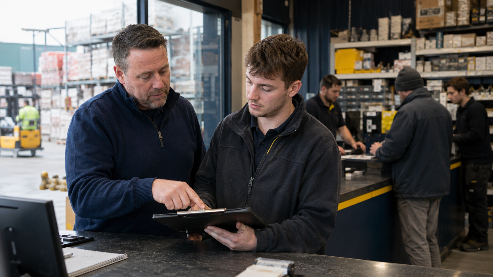 Trade merchant branch manager coaching a colleague through a decision while the wider team works independently.